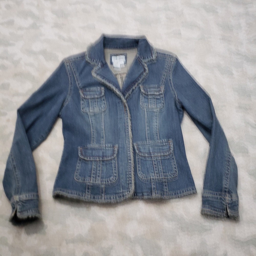 VTG Live a Little Denim Trucker Jacket Women Medium Blue Y2k Pockets Medium Wash
